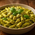 A large bowl of creamy pesto chicken pasta, garnished with fresh basil and Parmesan, on a rustic wooden table.